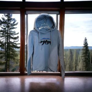 Patagonia Light Blue Hoodie with Bear Graphic